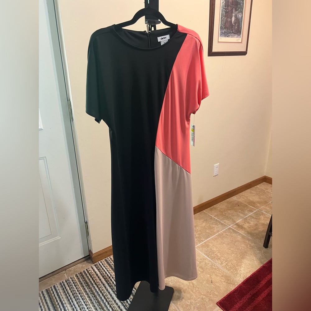 DKNY Colorblock Maxi Dress in Black, Coral & Beige
